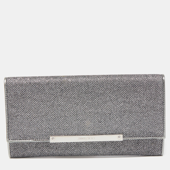 Jimmy Choo Handbags - JIMMY CHOO Silver Glitter and Leather Metal Logo Flap Clutch